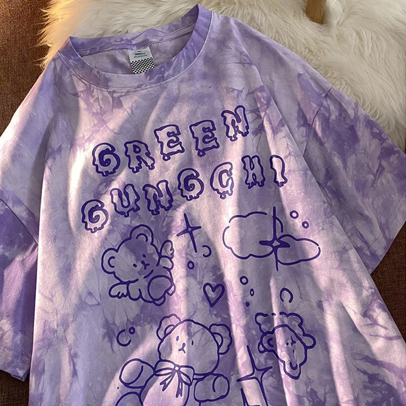 

Cute Cotton Bear T-shirt Streetwear Summer Oversized T Shirt Women Harajuku Short Sleeve Tops Tee Shirt Hip Hop Tie Dyed Funny