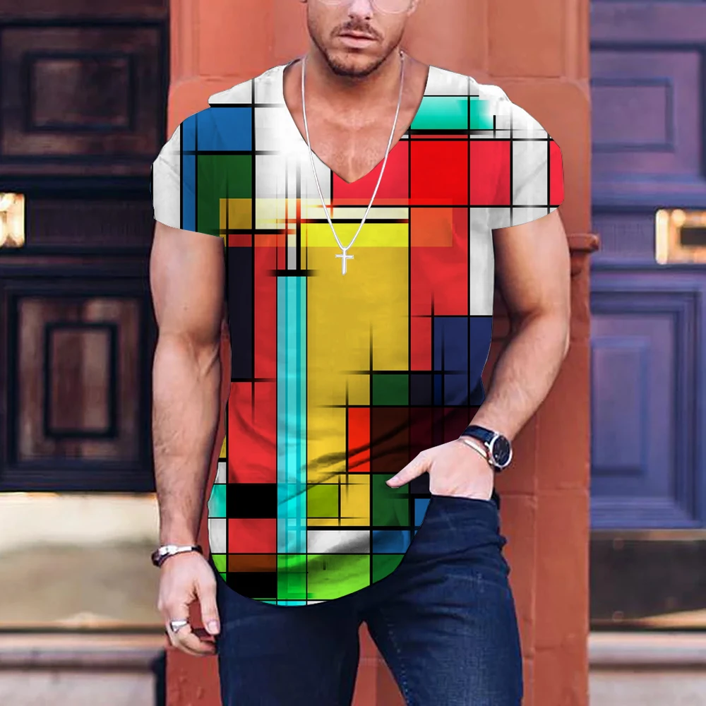 

Summer Men'S V-Neck T-Shirt Colorful Plaid 3d Printing Short Sleeve Men'S Clothing Casual Fashion Male Top Loose Oversized Shirt