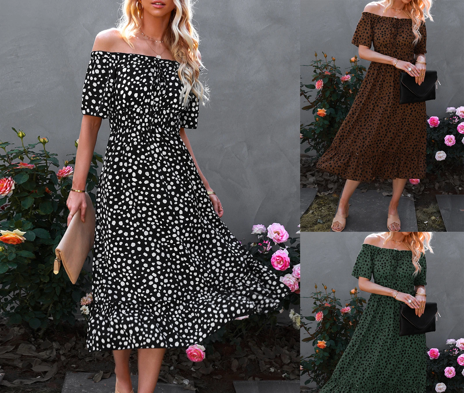 

Summer New Fashion Women's Short-sleeved Off-the-shoulder Leopard Print Dress Casual Party Office Long Dresses Female & Lady