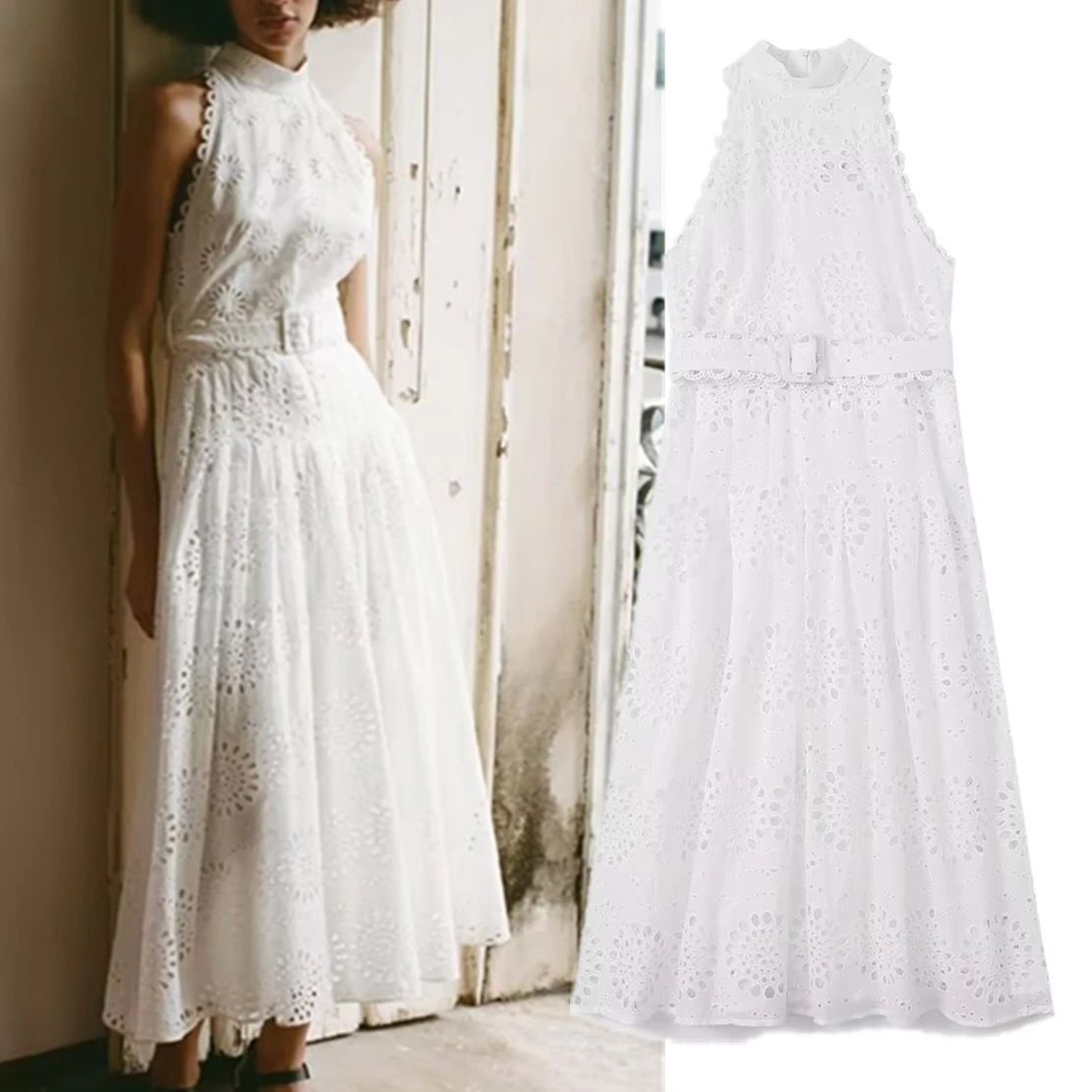 

Elmsk French Fashion Elegant White Hollow Sleeveless Dress With Belt Embroidered Ruffle Casual Midi Dress Women