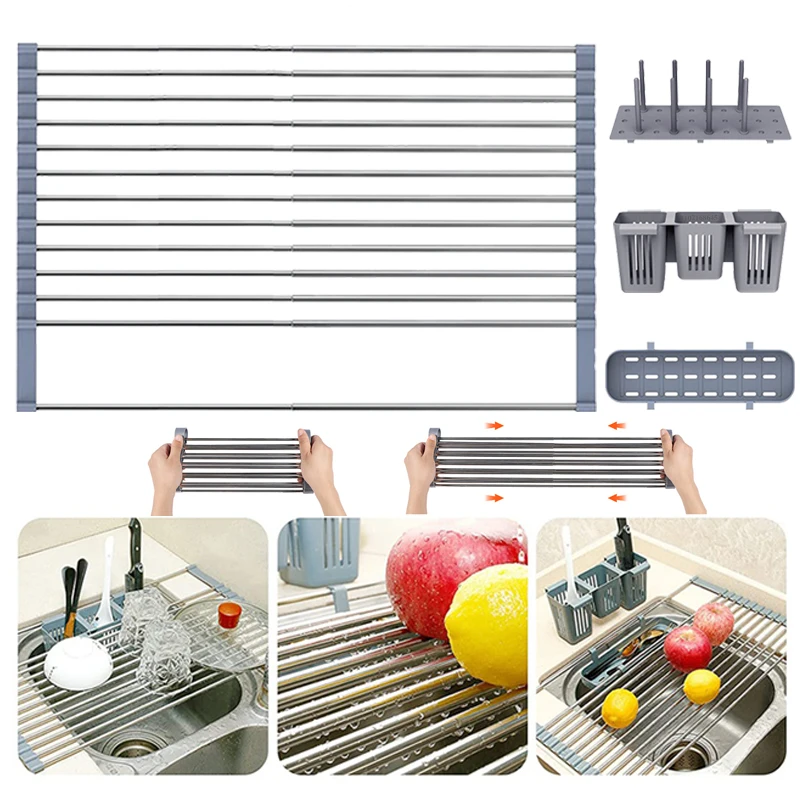 

Roll Up Dish Drying Rack Foldable Plate Over The Sink Stainless Steel Folding Dish Drainer Sink Drainer Suspended Drainer