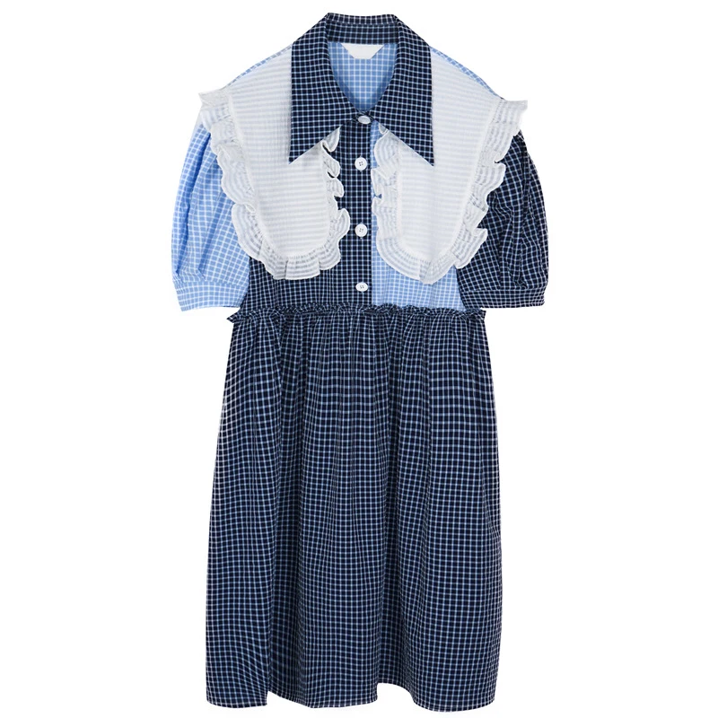 

Short Sleeve Dress Women Retro Sweet White Lace Trim Blue Plaid Ladies Dress Single-breasted Puff Sleeve Holiday Summer Robe