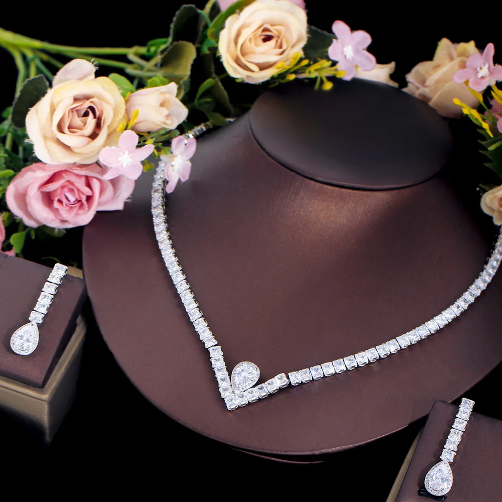 

CWWZircons, элегантное ожерелье в форме капли воды с кубическим цирконием, в форме V, для свадебной вечеринки, серьги, ювелирные наборы для невест,...