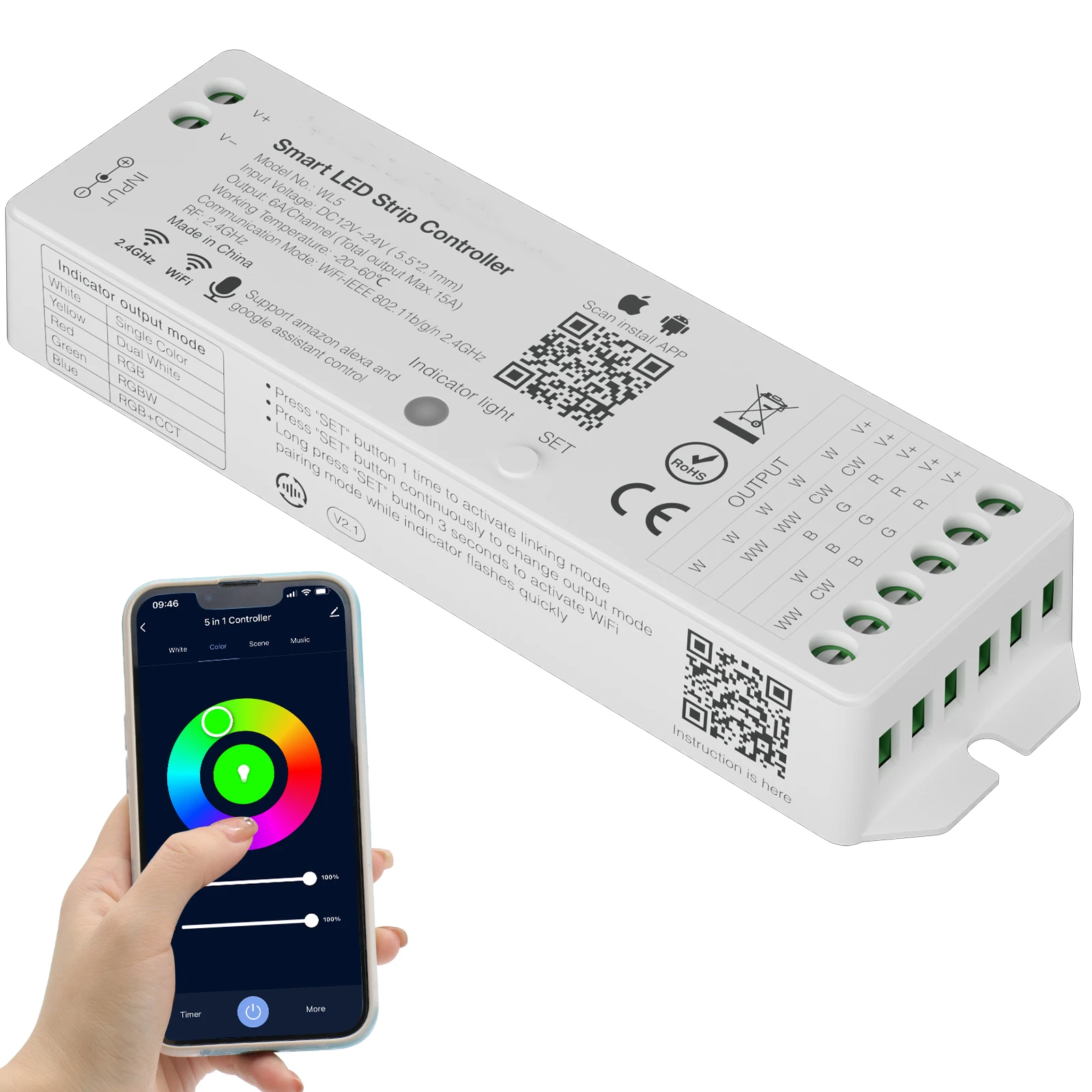 Светодиодная лента 5 в 1 с Wi-Fi, 12 В/24 В постоянного тока, 2,4 ГГц
