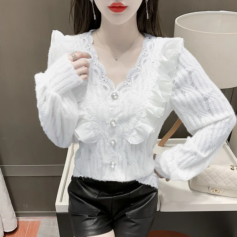 

Рубашка женская с оборками, ажурный топ свободного покроя с длинным рукавом, V-образным вырезом, блузка на весну-осень, 634J