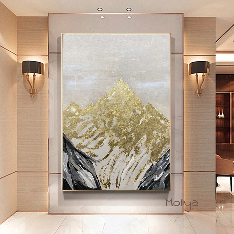 

100% Hand-Painted Oil Painting Abstract Golden Mountain Living Room Background Bedroom Luxury Vertical Home Decoration Frameless