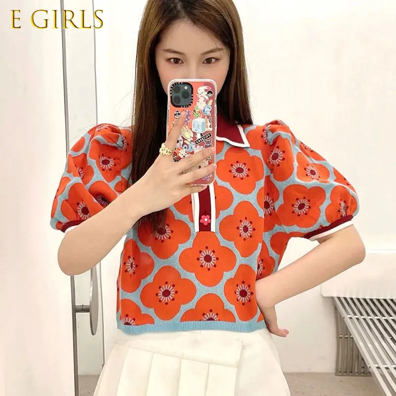 E GIRLS T-shirts Women Orange Turn Down Collar Sweet Summer Floral Vintage Stylish Harajuku Street Style Basic Casual Soft Femme