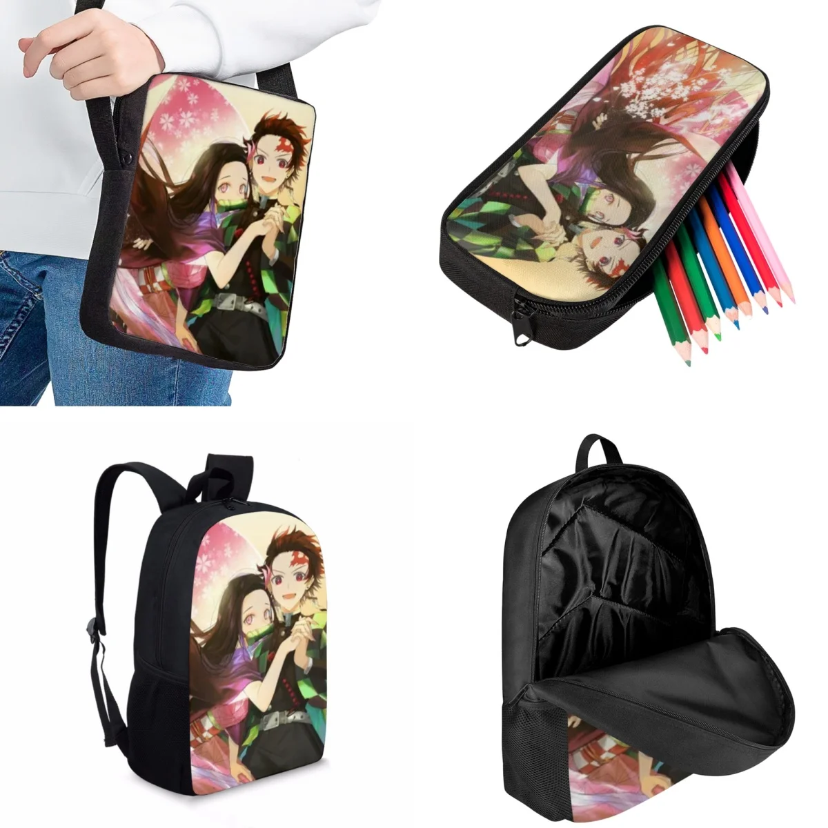 Jackherelook Kids School Bags Set Anime Demon Slayer Tanjirou Nezuko Boys Casual Travel Bag Girl Fashion School Backpack Bookbag
