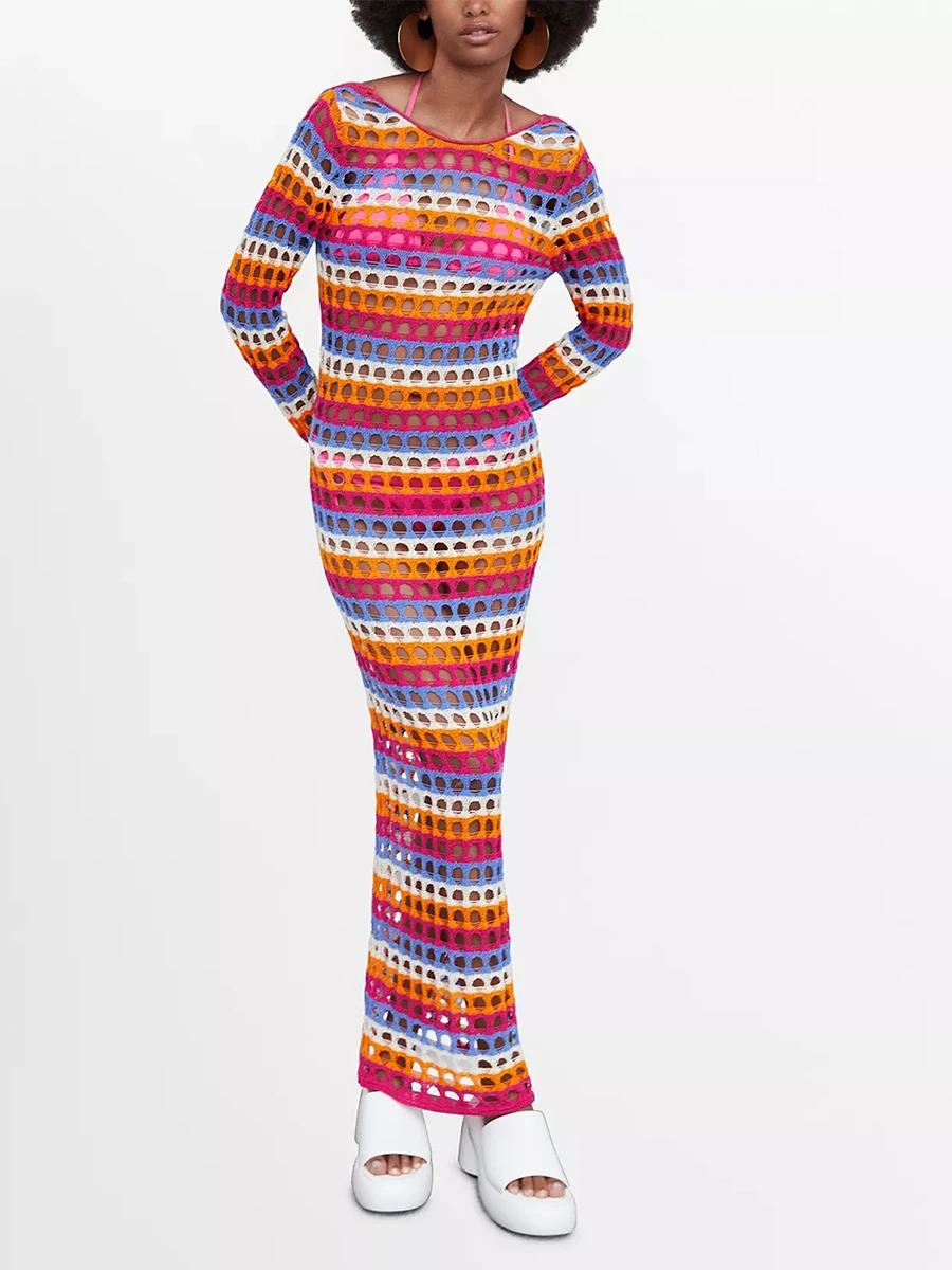 

Женское разноцветное вязаное крючком платье, летняя пляжная одежда в стиле бохо с длинным рукавом, вырезом лодочкой и открытой спиной, полосатые длинные платья, уличные платья