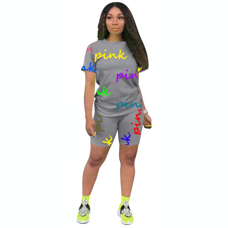 

Two Piece Set Women Pink Outfit Summer New Arrival 2022 Tracksuit Clothing Letter Print Matching Casual 2 Piece Biker Short Sets