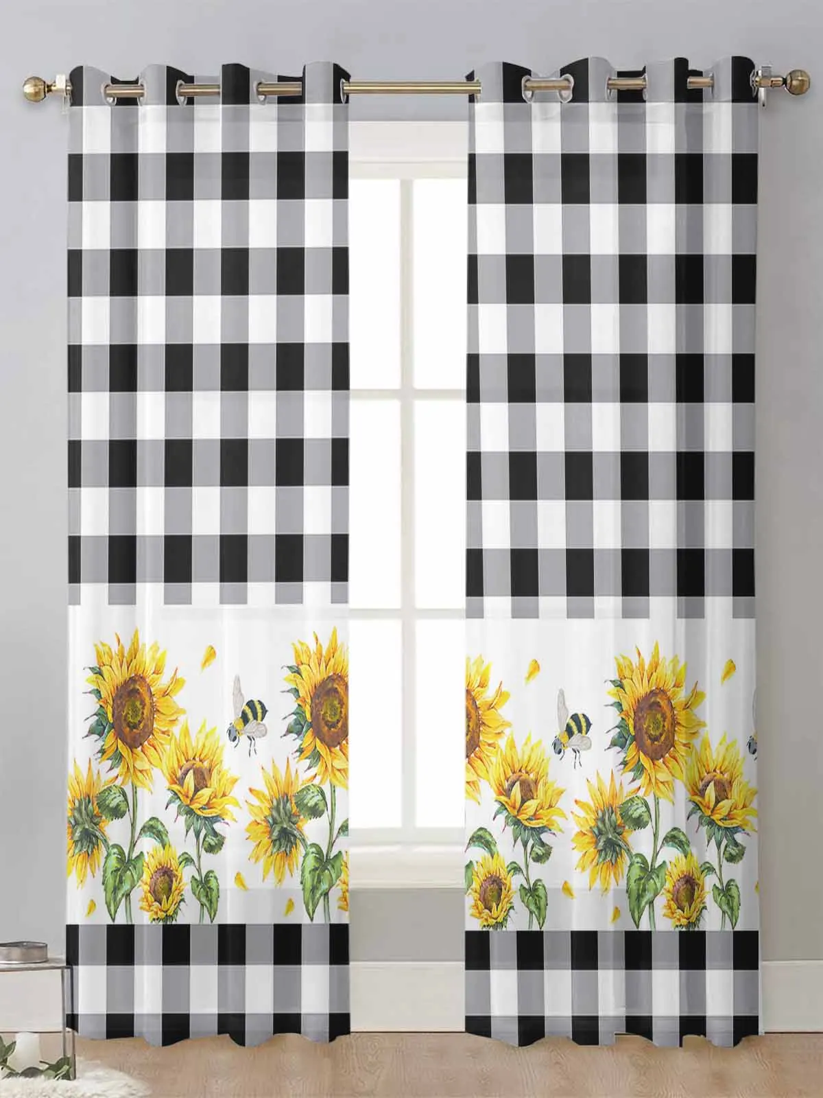 

Farm Sunflower Bee Plaid Sheer Curtains For Living Room Window Transparent Voile Tulle Curtain Cortinas Drapes Home Decor