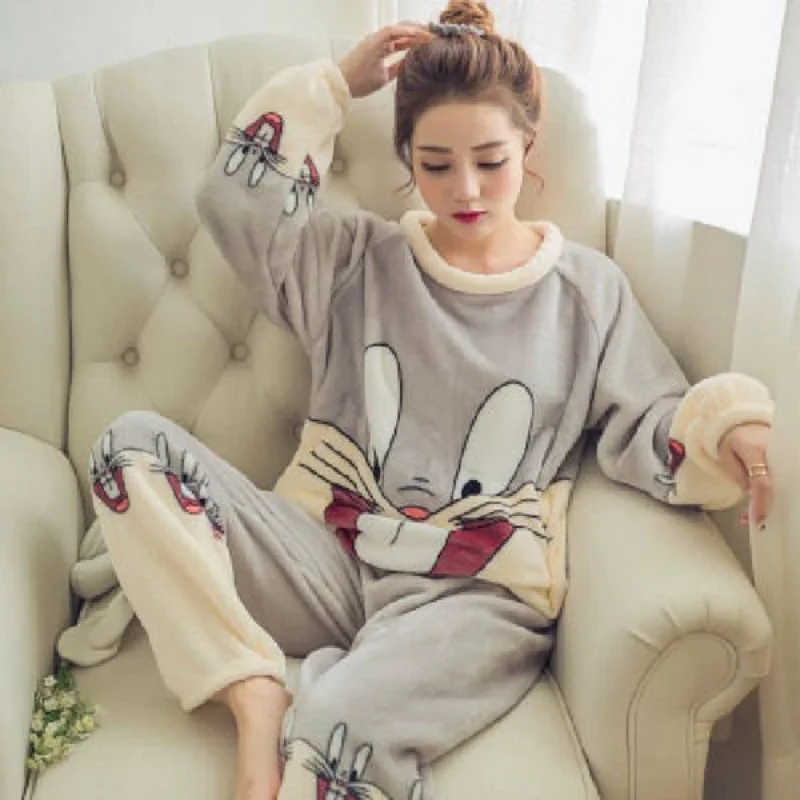New Winter Women's Pajama Suit Warm Flannel Pajamas Coral Velvet Sleep Top Korean Fashion Home Clothes Basics