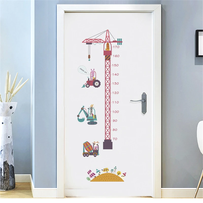 

2022 Large Pink Tower Crane Height Sticker DTY Kids Room Bedroom door Height Meter Wall Stickers Nursery Decor Cartoon Animal