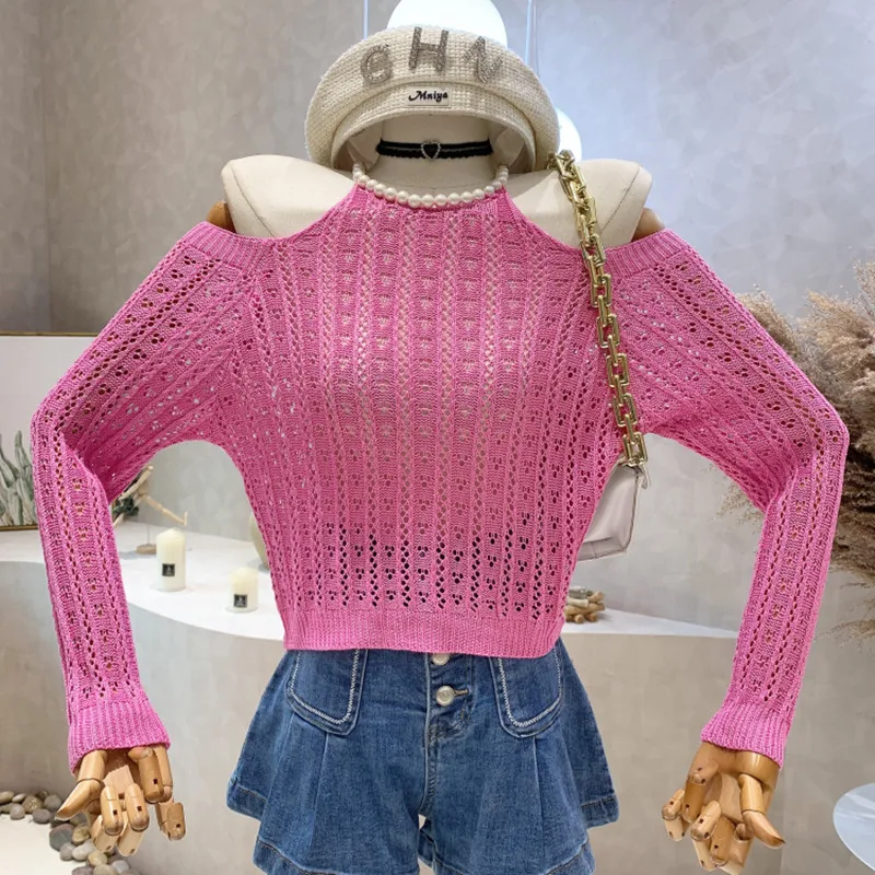 

New Women's Clothing 2022 Summer Hollow out slim thin Hanging neck design Beaded Solid color knit shirt Top