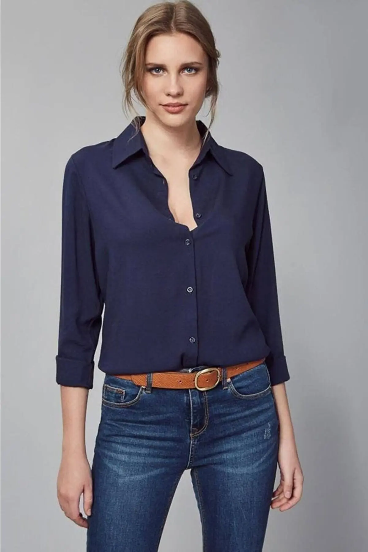 

Female Navy Blue Woven fabric Basic shirt Pretty and Cheap women's Blouses 9642454444