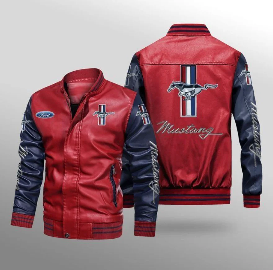 

Ford Mustang Logo Motorcycle PU Leather Jacket Men's Baseball Bomber Coat Unisex Men's Oversize Varsity Vintage