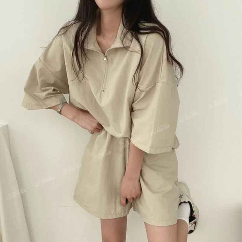 Lapel Zipper Short Sleeve Shorts Women's Two-Piece Summer Fashion Casual Sportswear Suit Loose Cotton 2-Piece Set
