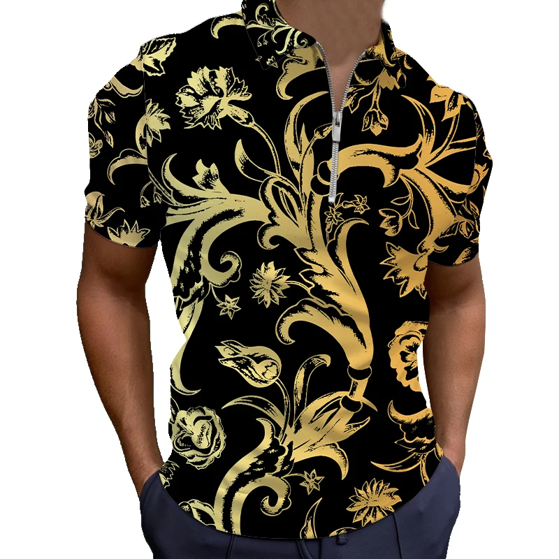 

Luxury Flower Polo Men Shirt 3d Print Polo Shirts Zipper Short Sleeve Tops Black Pattern Men's Clothing Summer New Poloshirt