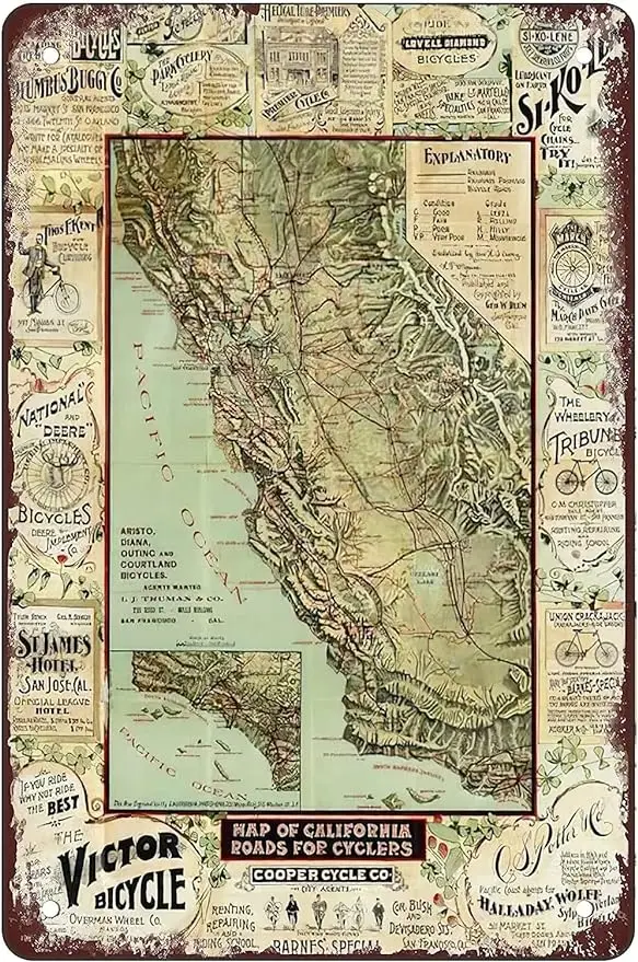 

1896 Map Of California Roads Funny Coffee Metal Tin Sign For Home Bar Decor nostalgic Retro metal Funny sign gift 8x12in