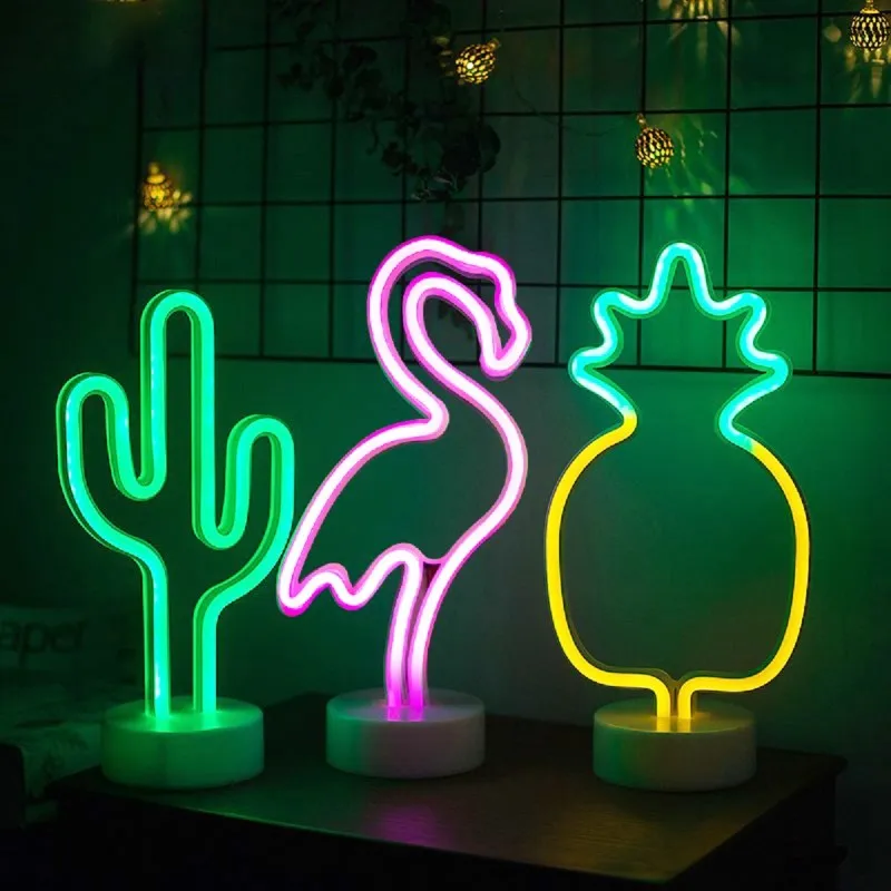 

New LED Neon Lights Sign Flamingo Cactus Heart Modeling Night Lamp Decor Shop Kids Room Bar Office USB & Battery Case Powered