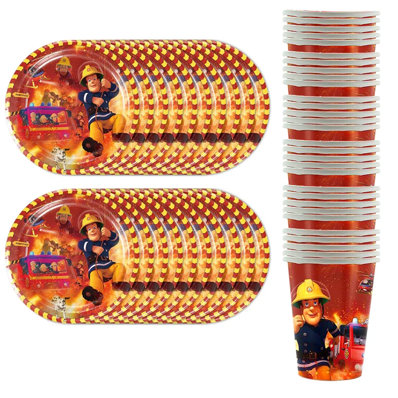 

60pcs/lot Fireman Theme Tableware Set Happy Birthday Party Plates Cups Dishes Decoration Baby Shower Events Supplies