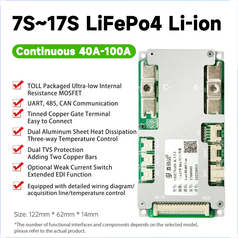 Фото Умная BMS JBD 8S 24V 7S 10S 12S 13S 14S 16S 48V 17S LiFePo4 Li-ion 40A-100A Jiabaida с Bluetooth, балансировкой, RS485, CAN, UART №2