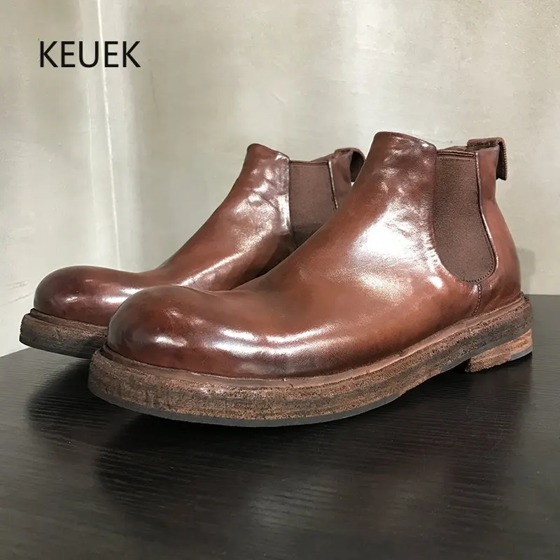 

Luxury Chelsea Boots Men Big Toe Leather Boots Genuine Leather Handmade Retro Outdoor Military Shoes Street Motorcycle Boots 2A