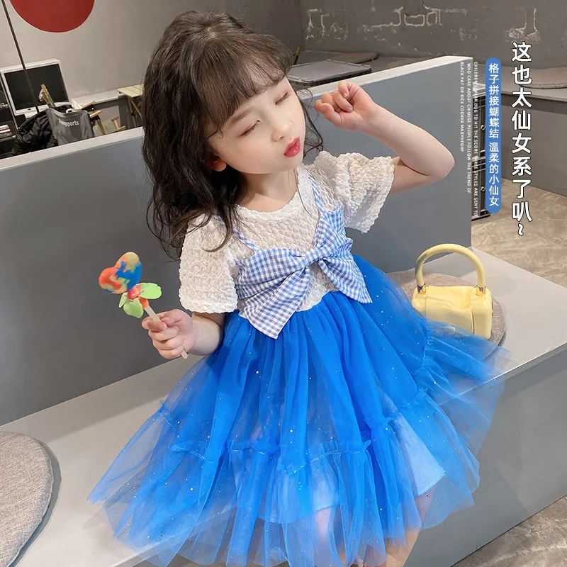 

2022 Summer Girls Sweet Children's Chiffon Princess Skirt Girl Net Red Skirt Short-sleeved Plaid Stitching Bow Skirt Girl Dress