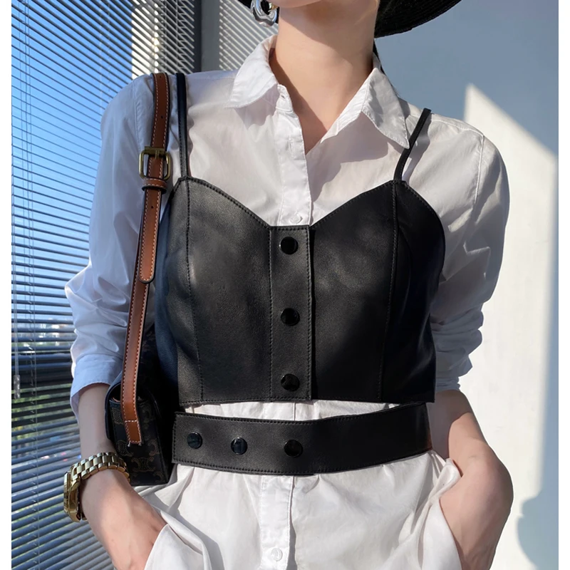 Fashion Women Sexy Sling Female Natural Leather Waist Slim Tube Top Mujer Buttons Punk Black/Orange Fashion Women Sexy Sling Fem