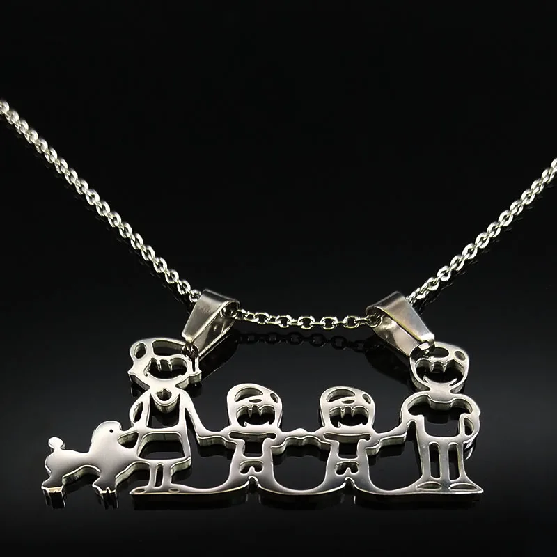 

Fashion Famliy Dad Mum Two Boys Stainless Steel Necklaces for Women Silver Color Statement Necklaces Jewelry joyas N322S06