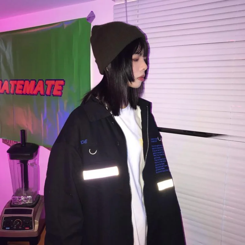 

Светоотражающая куртка Deeptown, женская готическая куртка оверсайз, Корейская уличная одежда, куртки на молнии, женская модная трендовая Черная куртка в стиле Харадзюку