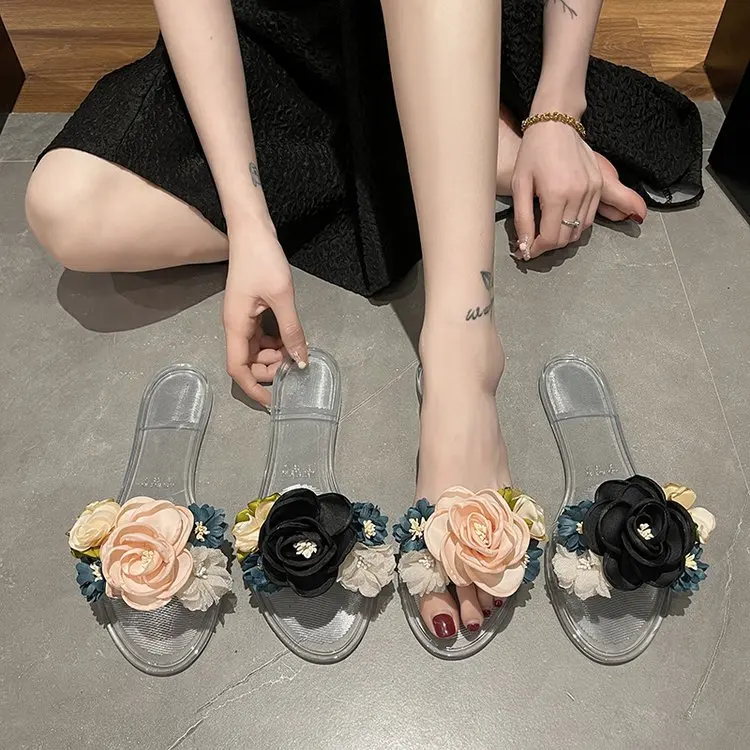 

Spring 2023 new slippers set toe low heel rubber summer square heel PU flats