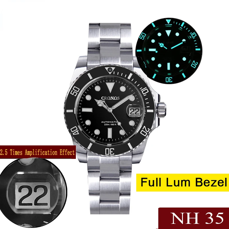 

Cronos Sub Diver Watch Men Watch Luxury NH35 Movement Automatic Mechanical Stainless Steel Cyclops Date 20Bar Relogio Men Watch