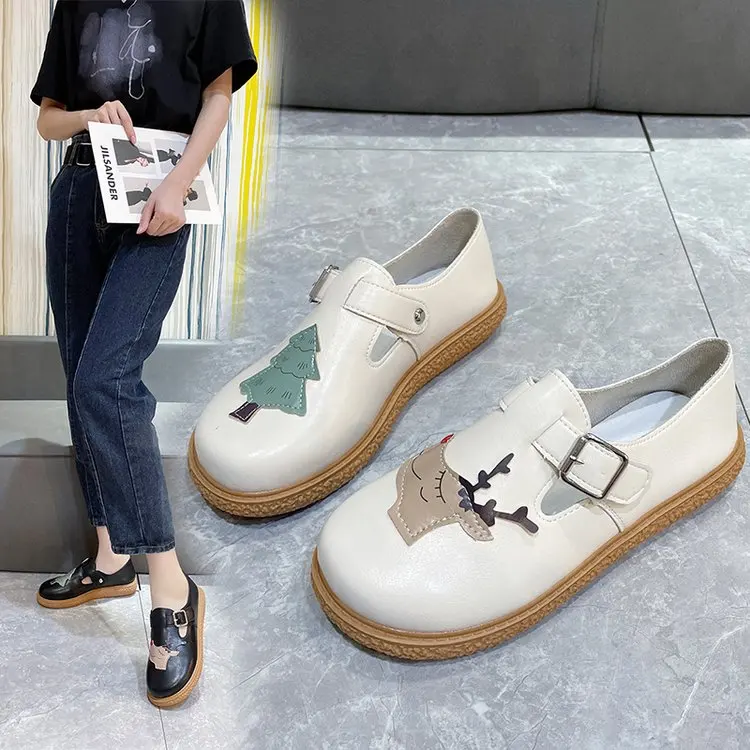 

Women's Spring and Autumn Thick Bottom Round Head Shallow Mouth Casual Leather Shoes British Style Four Seasons Single Shoes42
