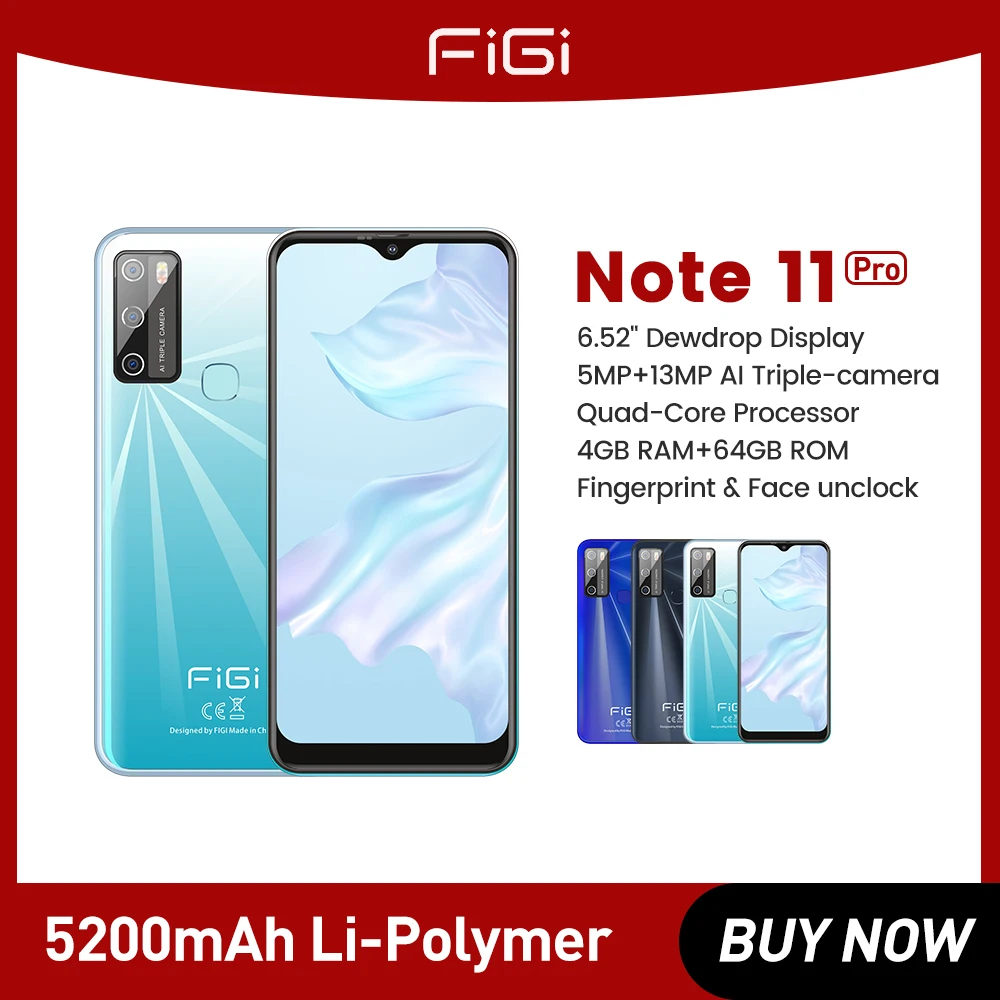 

Figi Note 11 pro Smartphone 4GB RAM 64GB ROM 13MP AI Triple Camera MTK Chip 6.52'' Incell Display 5200Mah Battery Android 11