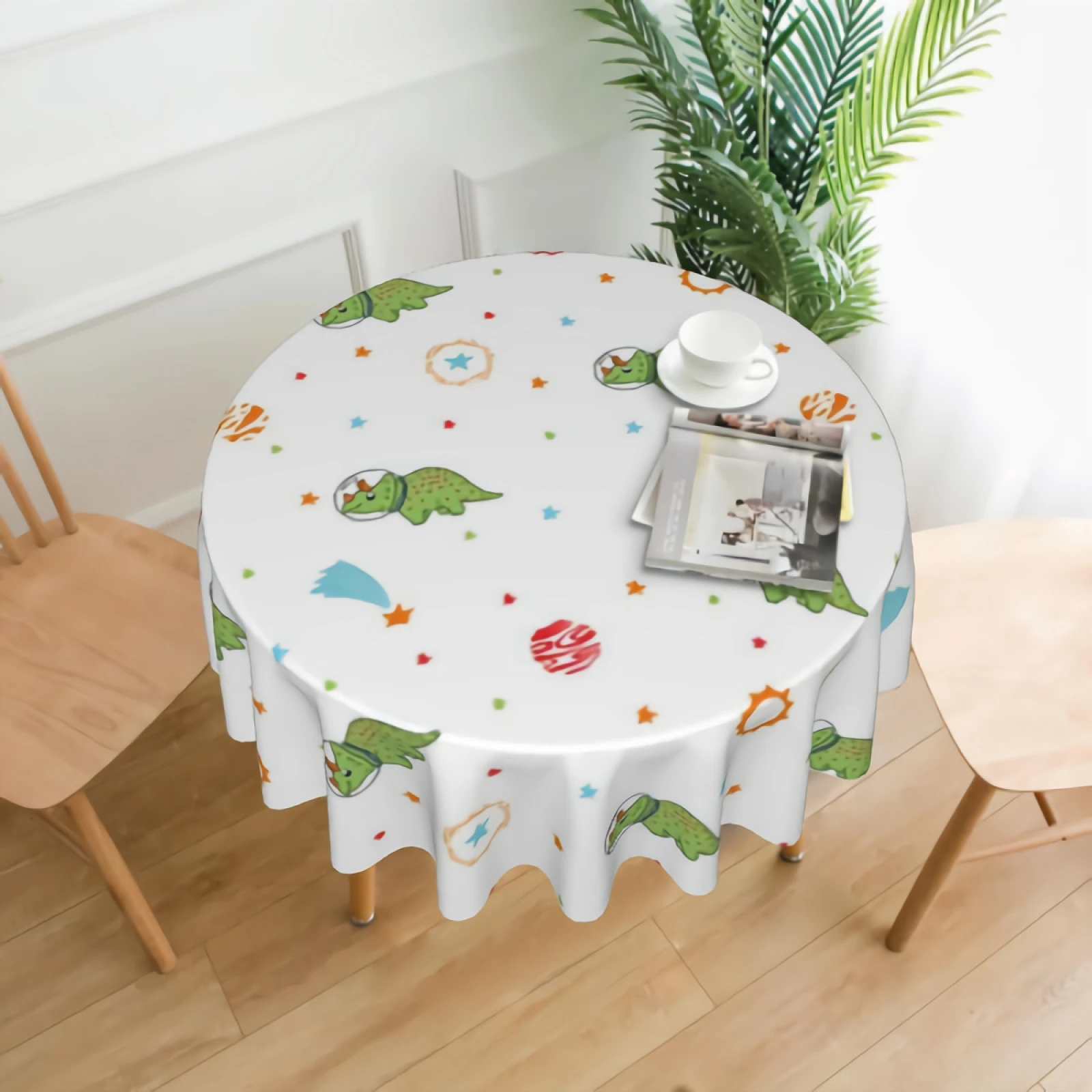 

Cute Dinosaur Astronauts In Space Round Tablecloth Waterproof Space Dinosaur With Spaceships And Planets Table Cloth Cover