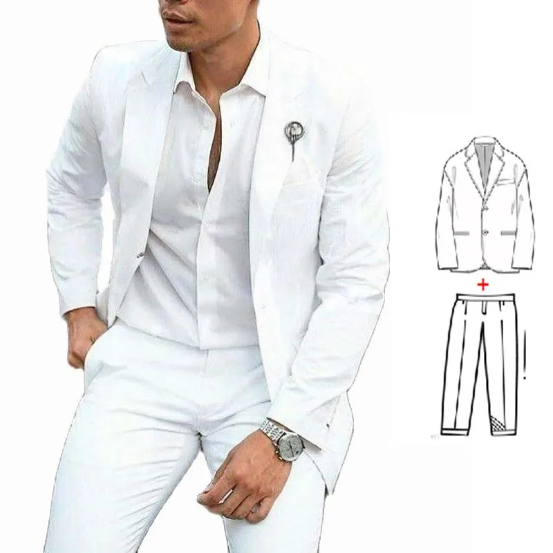 2023 Summer White Groom Tuxedos Wedding Suits 2 Pieces Groomsmen Formal Party Male Blazer Slim Fit Costume Homme (Jacket+Pants)