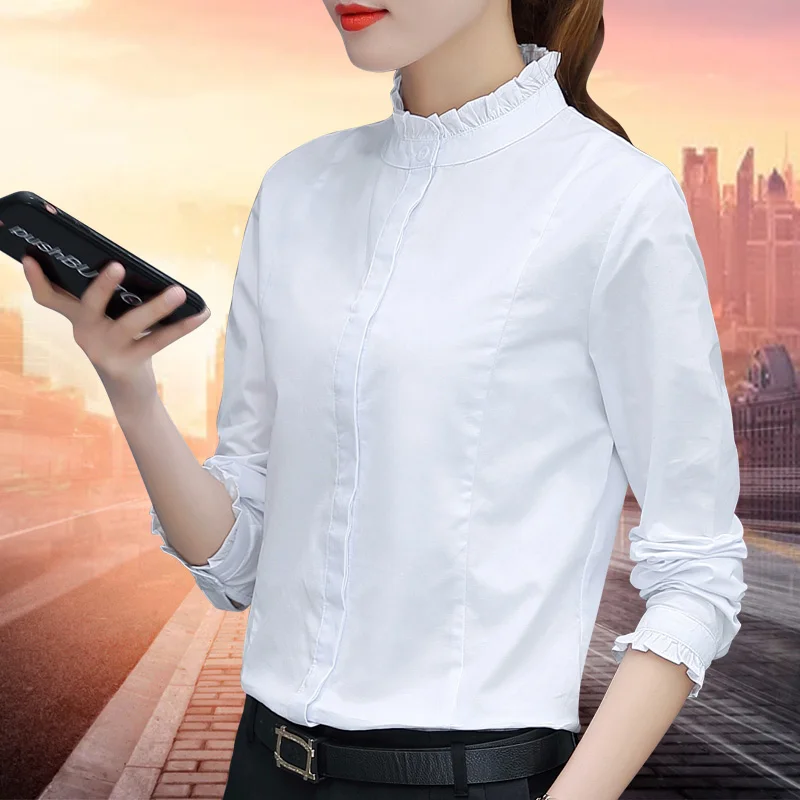 New Pure Cotton White Fungus Collar Shirt In Spring And Autumn Of 2023 Korean Fashion Trend Women'S Lotus Leaf Top