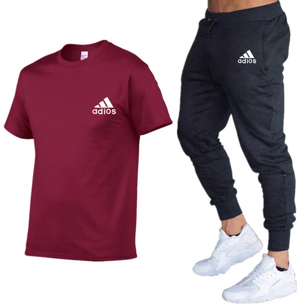 Men's Tracksuit Man Casual Fitness Short Sleeve Sport Pants Suit Cotton T-Shirt+Trousers Two Pieces Sets High-quality Sportswear