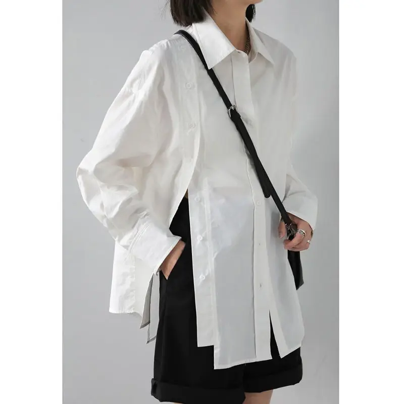 

Asymmetrical Design Feeling Double-breasted Shirt Women's Spring And Autumn Retro French Loose Long-sleeved Shirt Top