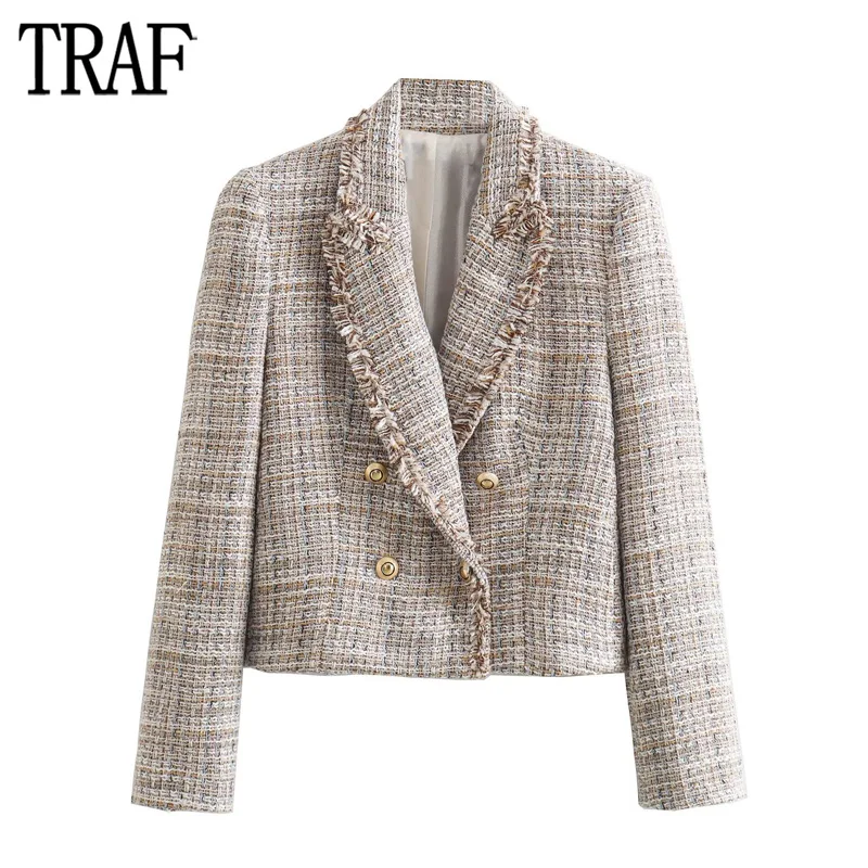 

TRAF 2023 Tweed Cropped Blazer Women Double Breasted Jacket Women Frayed Textured Blazer Woman Long Sleeve Blazers for Women