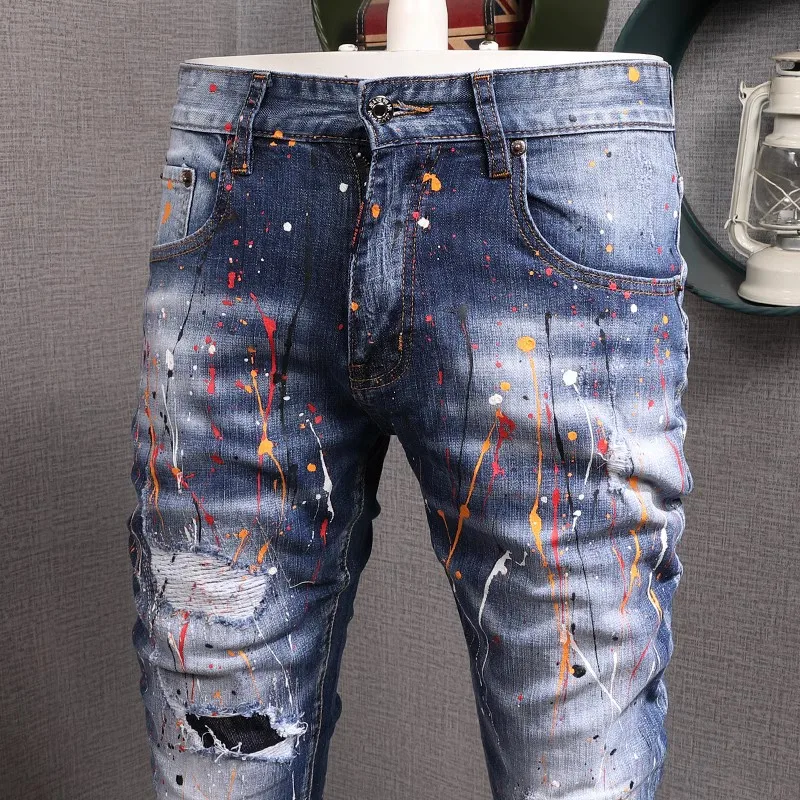 Street Fashion Men Jeans Retro Blue Elastic Stretch Slim Fit Painted Ripped Jeans Men Hole Patched Designer Hip Hop Denim Pants