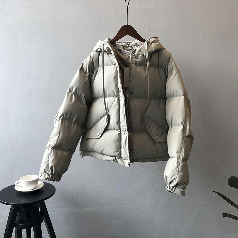 CCI Solid Hooded Collar Short Zipper Women's Winter Thick Warm Jacket Coat Fashion Preppy Style Parka Ladies Chic Outwear YJ023C