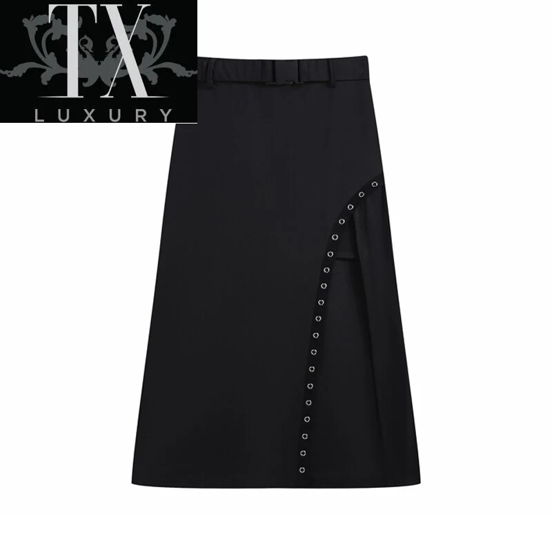 

Gothic Dark High Waist Black Midi Skirts Women Summer Y2k Punk Style Ladies Sexy Slit Side Buckle Front Skirt Clubwear