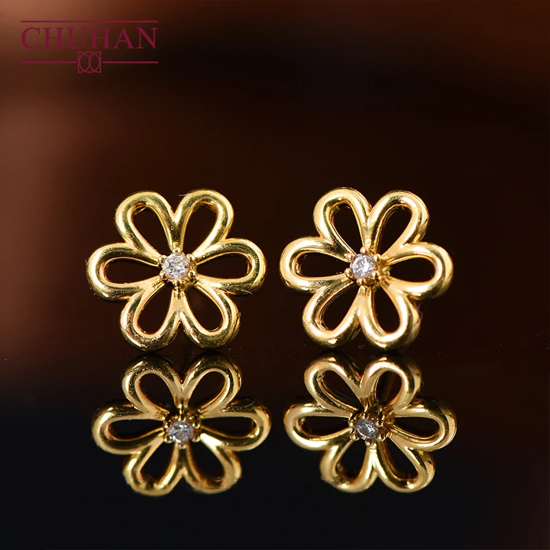 

CHUHAN Real 18K Gold Openwork Flower Design Stud Earrings Woman Au750 Inlaid With Natural Diamonds Vintage Earring Fine Jewelry