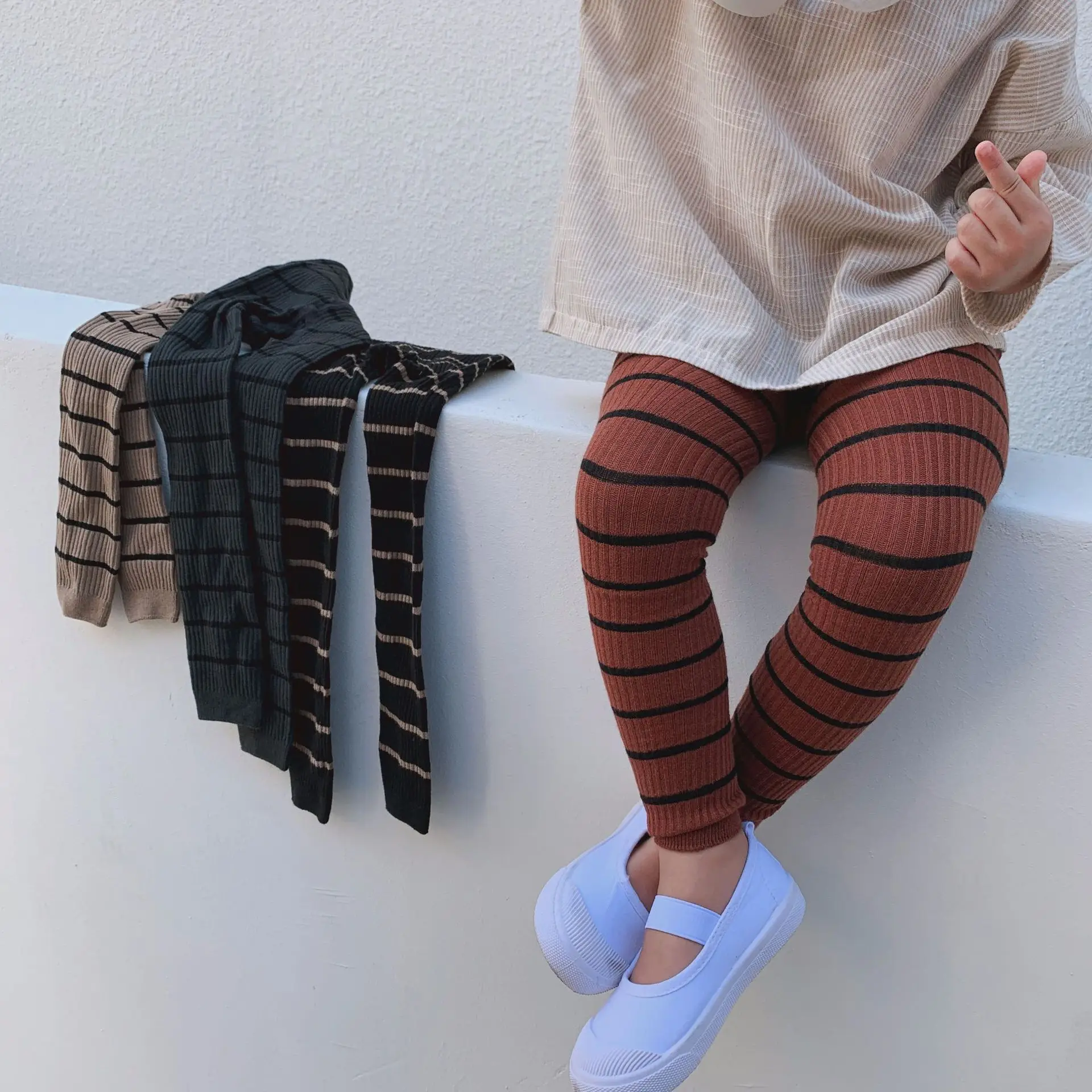 

Kids Leggings, Fashionable Striped High Waist Pants Leggings for Girls Boys Ribbed Pantyhouse Black/Beige/Brick Red/Grayish Blue