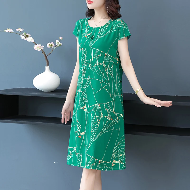 

New Hot 2023 Casual Vintage Summer Dress For Women Print Flowers Short Sleeve Printing Elegant Dresses Women Clothing