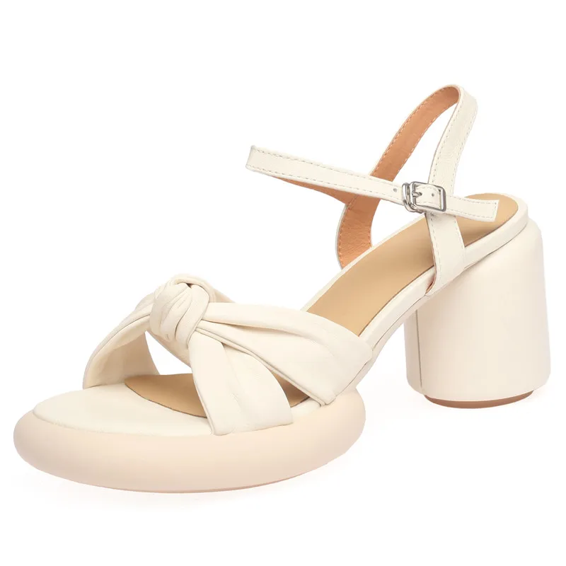

Genuine Leather Thick Heel Soft Sole Comfortable Sandals Spring Summer 2023 New Square Toe Round Heel Elegant High Heels Single