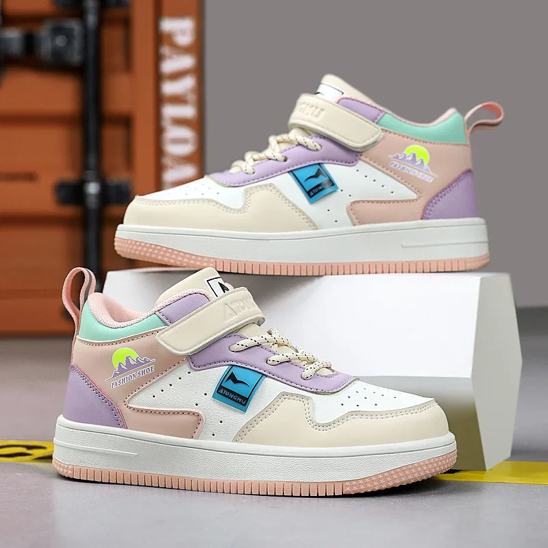 

Кроссовки детские кожаные, высокие, дышащие, школьная повседневная спортивная обувь, для девочек, белые