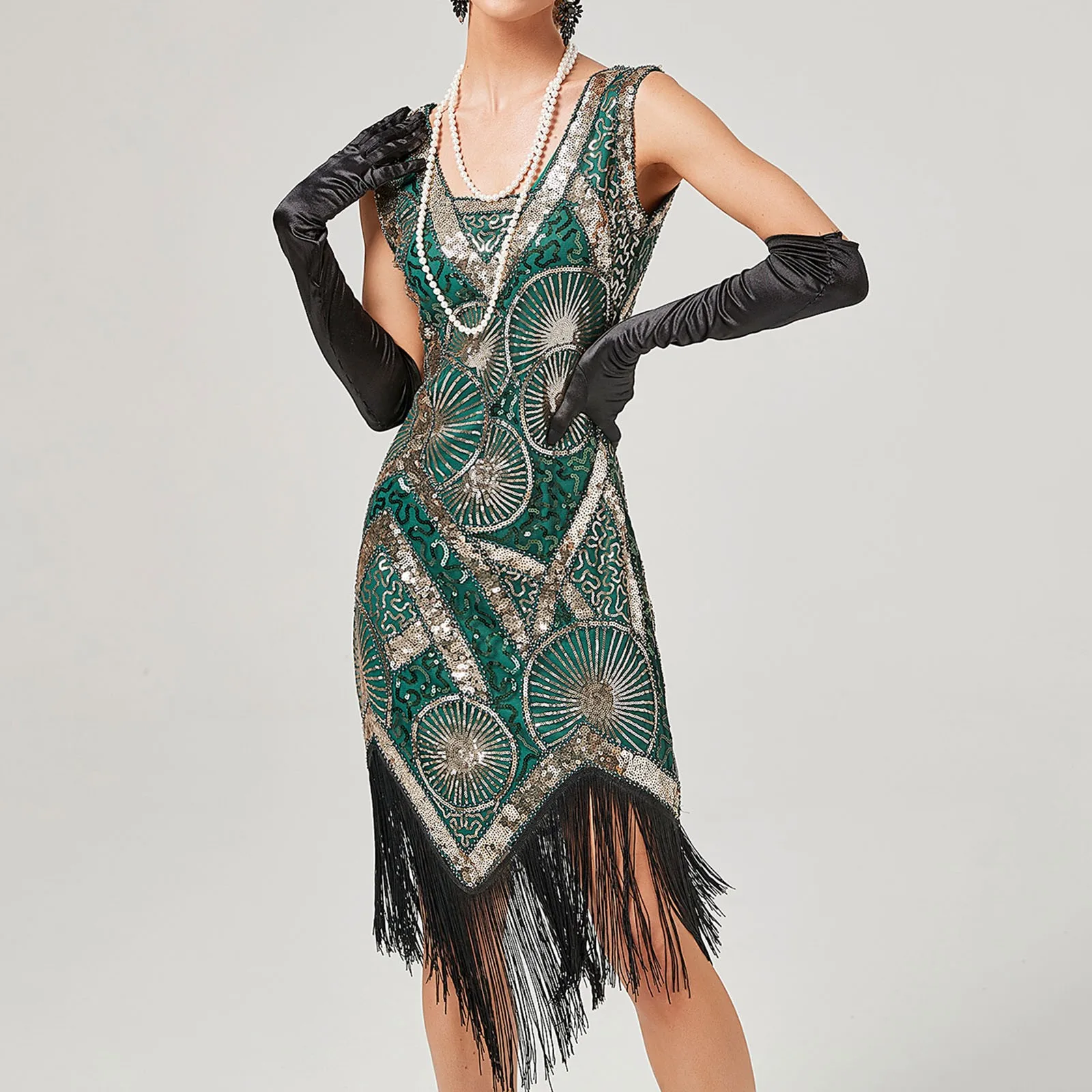

Women's Vintage Dress Sexy Sleeveless Dress 1920s Sequin Beaded V Neck Tassels Party Night Flapper Gown Dress Formal